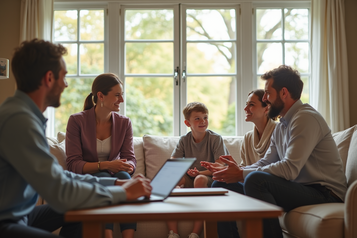 Réunion professionnelle dans un salon lumineux avec famille et conseiller