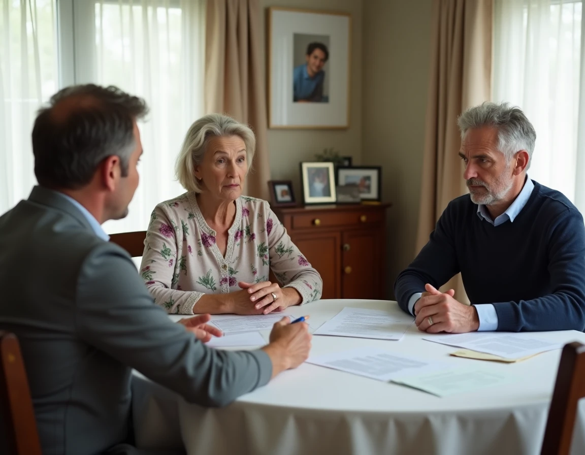 R&eacute;union de famille autour d'une table pour discuter du placement d'un proche atteint de d&eacute;mence