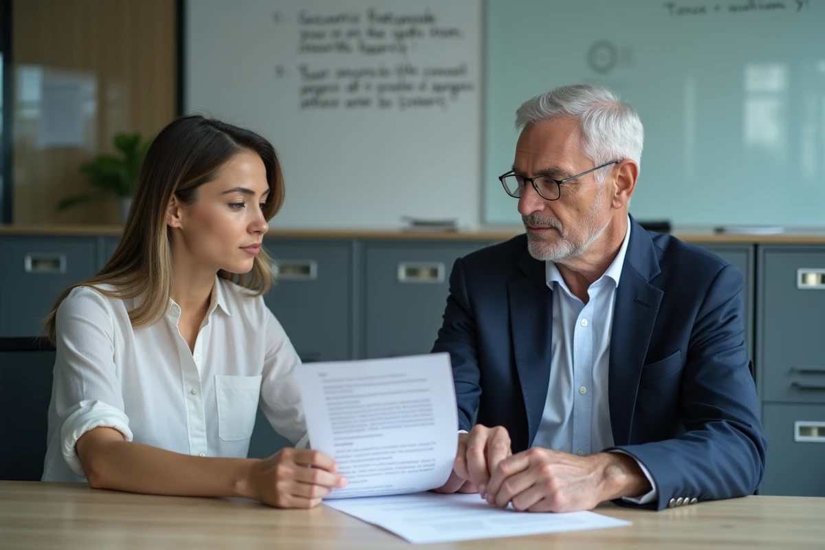 Conseiller juridique et tuteur examinant ensemble un rapport de comptes annuels dans une salle de réunion professionnelle