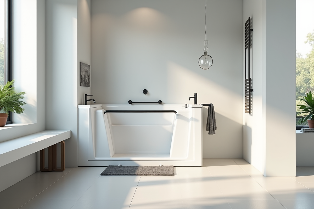 Salle de bain moderne avec baignoire accessible lumineuse