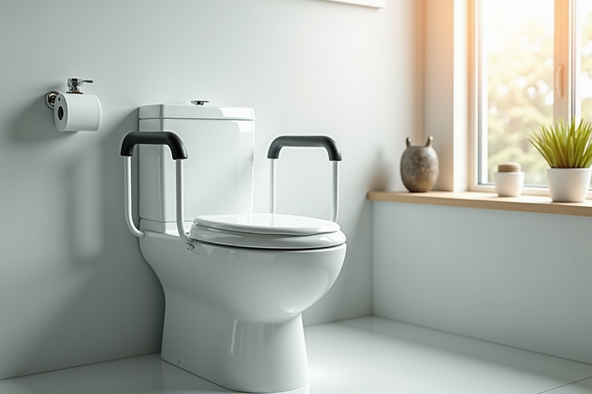 Salle de bain moderne avec toilette elevee et barres de soutien