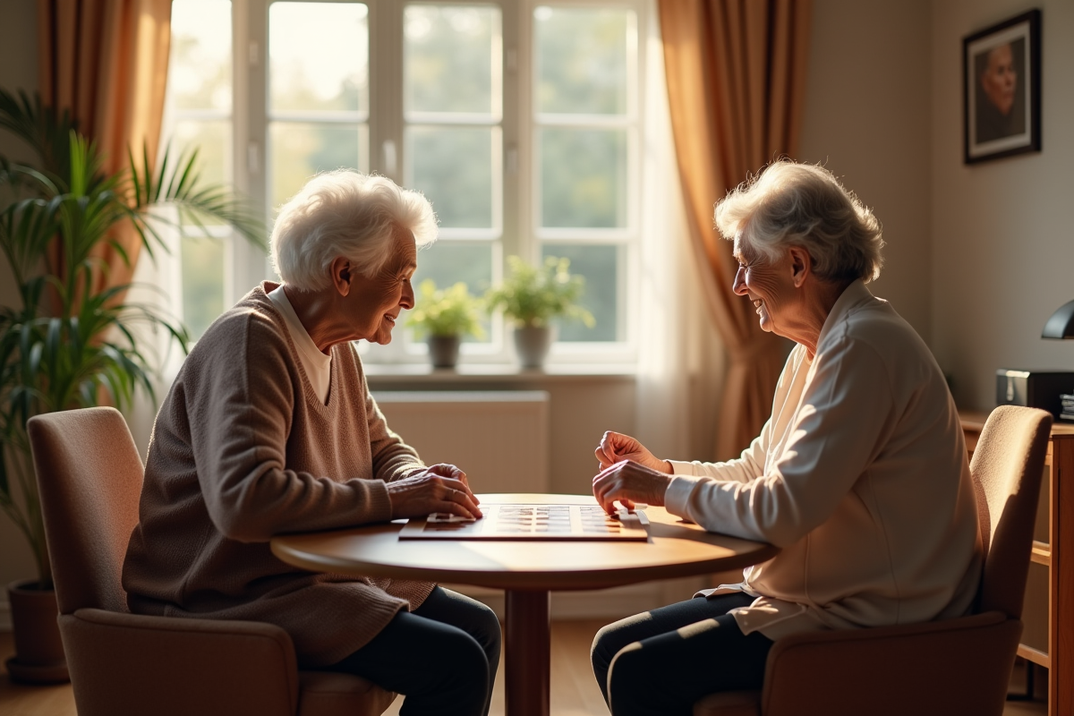 Elderly femme et aidant jouant à un jeu de société dans un salon chaleureux