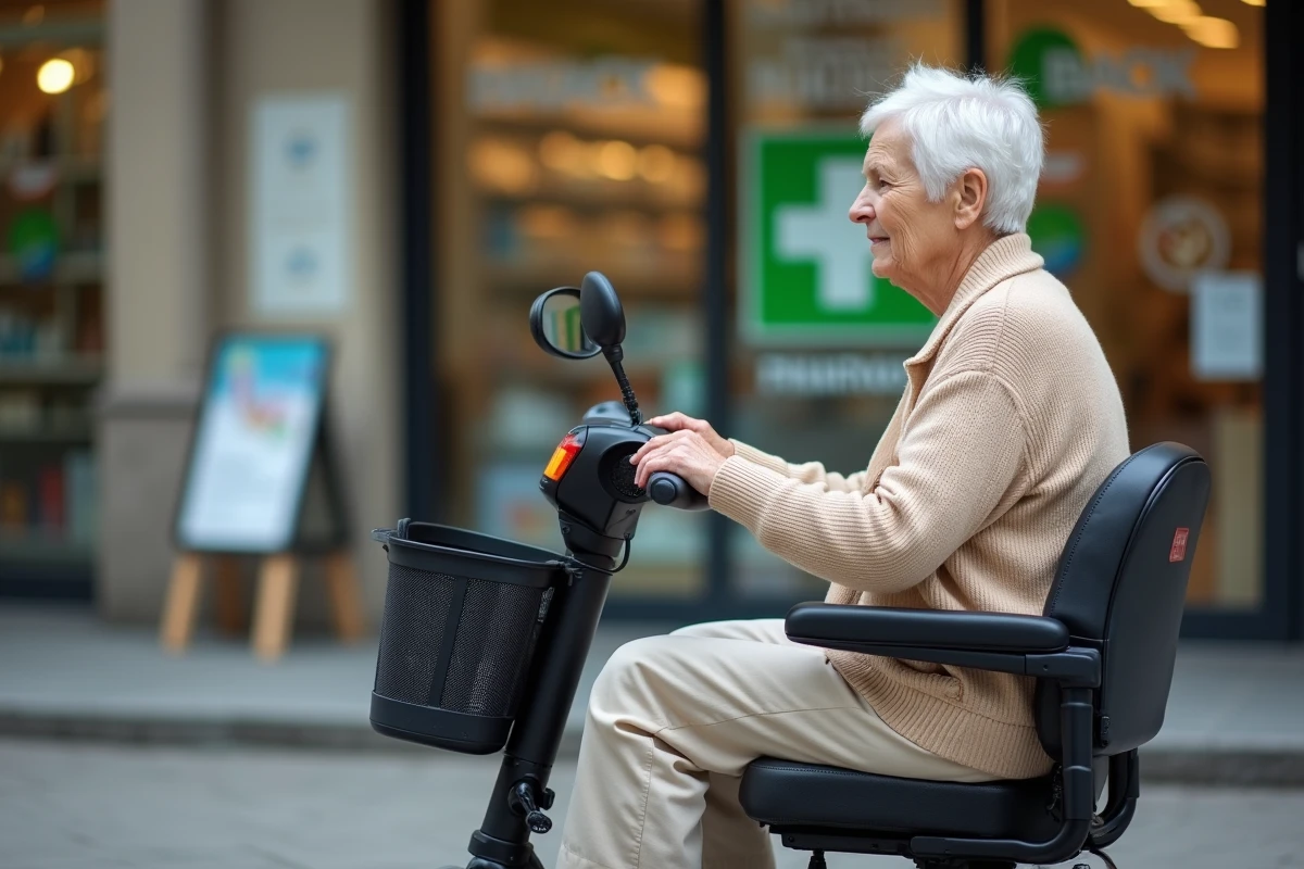 Femme âgée assise sur un scooter électrique PMR compact devant une pharmacie en ville