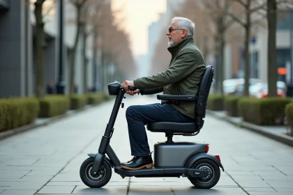 Homme à mobilité réduite conduisant un scooter électrique PMR moderne sur un chemin piétonnier urbain