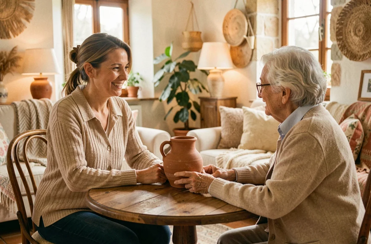 Une accompagnatrice de Senior Compagnie à Pernes-les-Fontaines partage un moment chaleureux avec une dame âgée