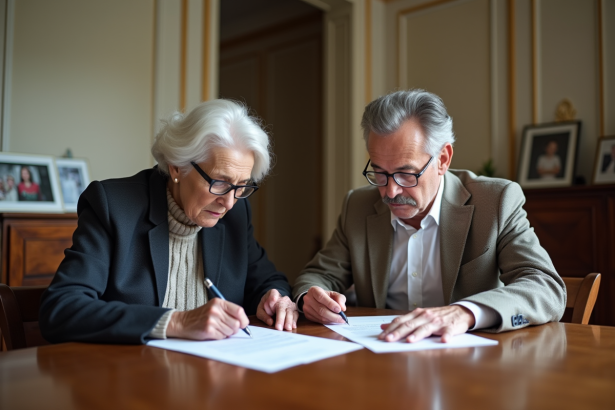 Une femme âgée et un homme lisant des documents dans un intérieur parisien