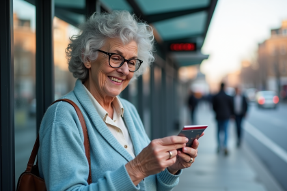 Femme senior souriante vérifiant sa carte de transport en attente