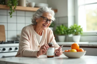Femme senior souriante examine un complément alimentaire RITONIC
