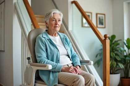 Femme senior aux cheveux gris assise sur un monte-escalier moderne