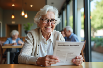 Femme senior souriante dans une résidence moderne