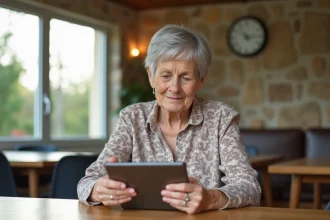 Femme senior utilisant une tablette dans une salle moderne à Nîmes