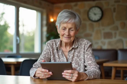 Femme senior utilisant une tablette dans une salle moderne &agrave; N&icirc;mes