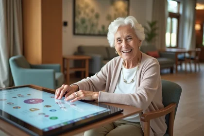 Femme senior souriante lors d'un appel vid&eacute;o dans un espace moderne