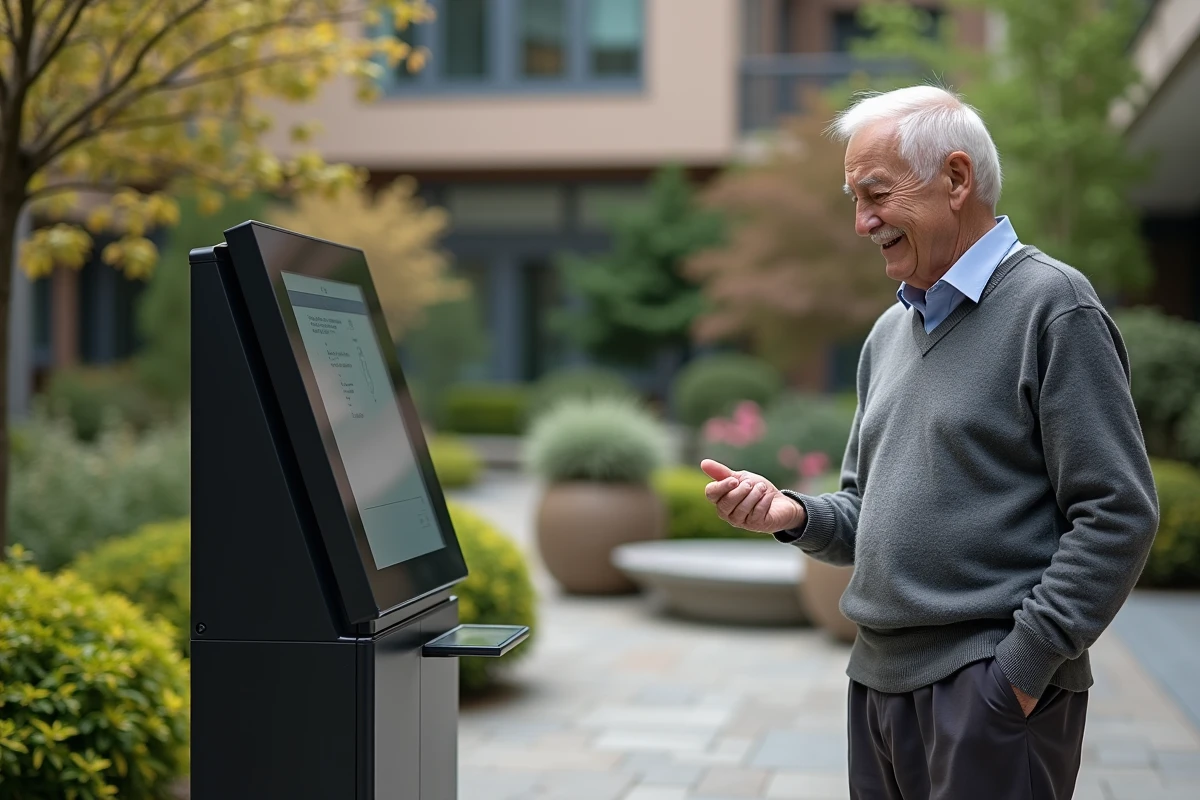 Homme senior lisant sur un &eacute;cran interactif dans un jardin urbain