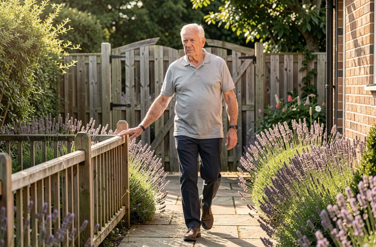 Senior autonome se promenant dans son jardin avec un bracelet anti-chute discret au poignet