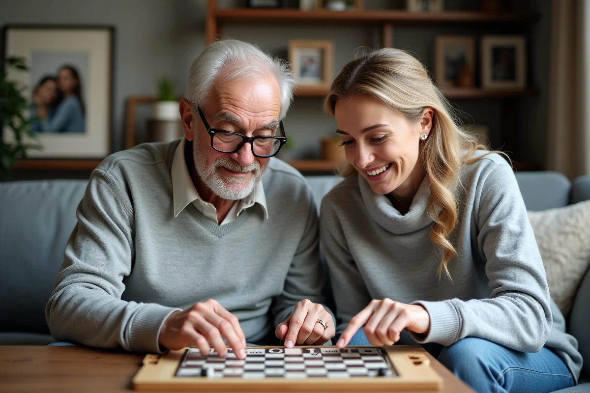 Grand-père senior avec ses lunettes de lecture guidé par une jeune femme lors d'une partie de jeu de société en famille