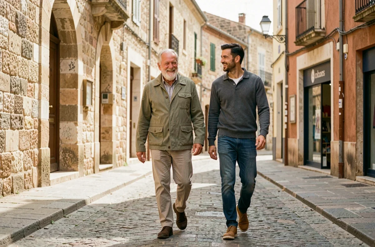 Senior homme se promenant en toute sécurité dans les rues historiques de Nîmes accompagné d'un aidant bienveillant, évoquant la sérénité et l'autonomie à domicile