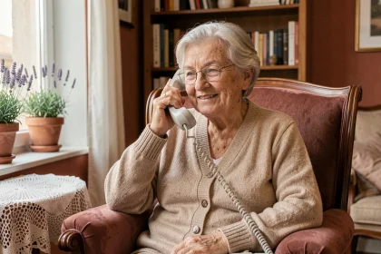 Femme âgée souriante au téléphone dans son appartement marseillais, illustrant le maintien à domicile grâce à une association d'aide aux seniors
