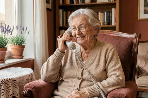 Femme âgée souriante au téléphone dans son appartement marseillais, illustrant le maintien à domicile grâce à une association d'aide aux seniors