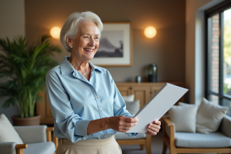 Femme senior souriante dans une résidence confortable