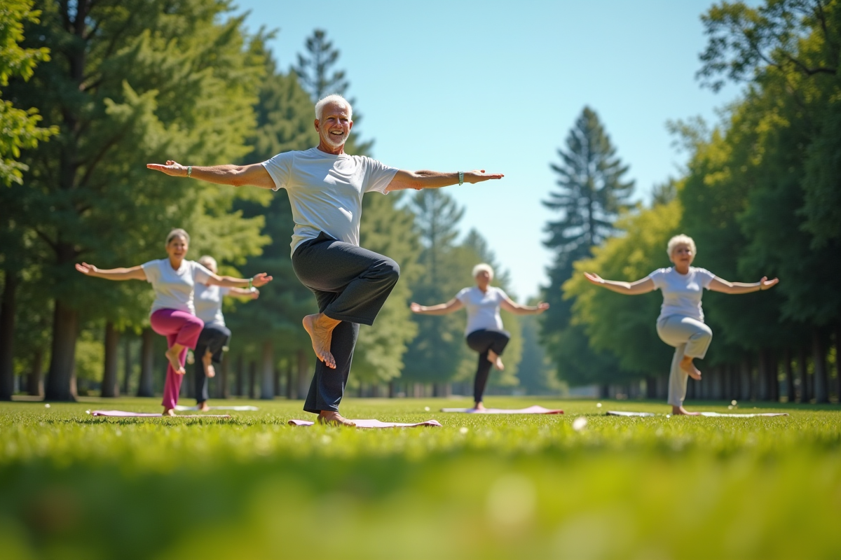 Groupe de seniors faisant du yoga dans un parc ensoleille