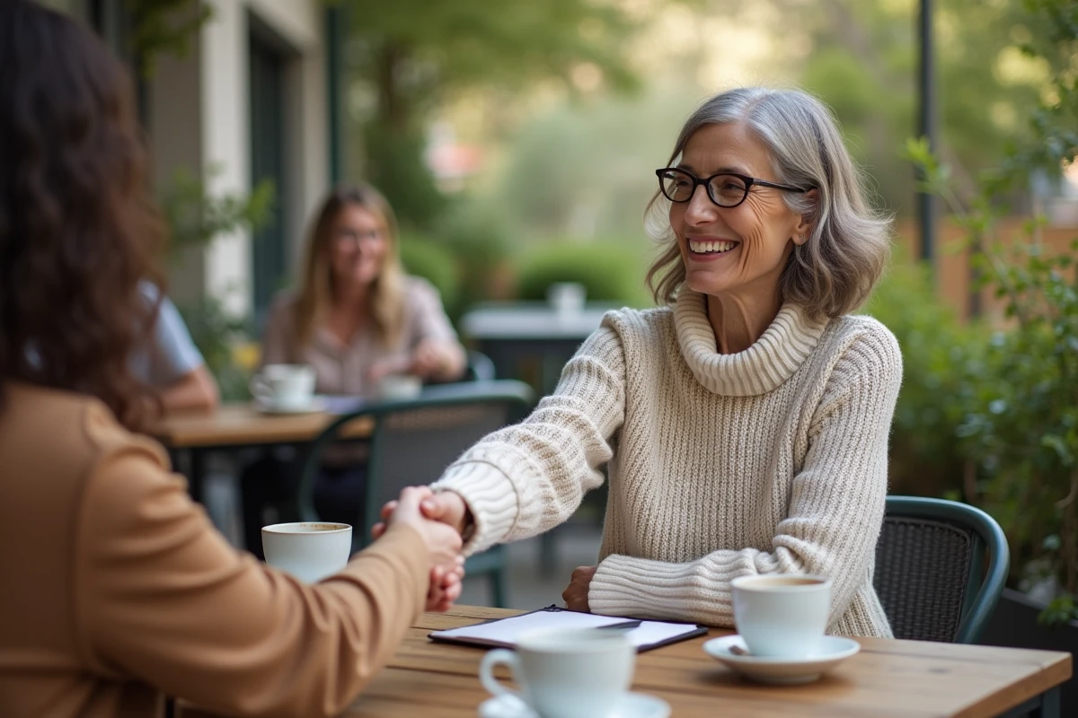 Femme et coll&egrave;gue se serrant la main en terrasse