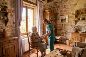 Une aide à domicile en uniforme assiste une femme âgée dans une maison provençale ensoleillée du Vaucluse