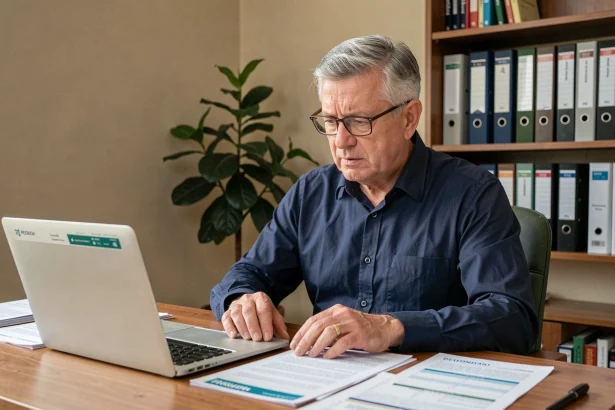 Homme de 58 ans simulant sa pension de retraite avec des documents et un ordinateur portable sur un bureau en bois à domicile