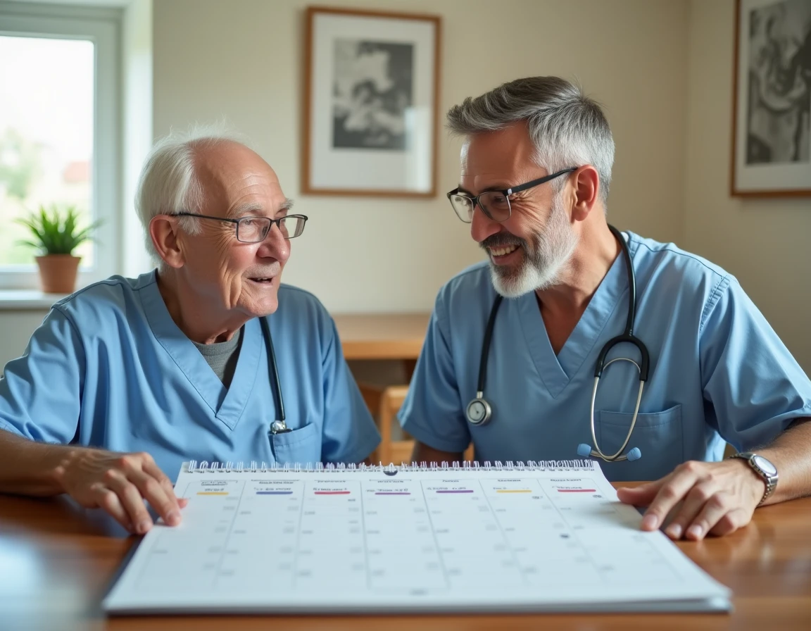Soignant aidant un patient âgé à consulter un calendrier d'orientation en maison de retraite