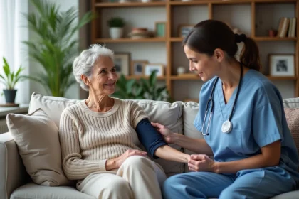 Femme d'&acirc;ge moyen recevant une visite m&eacute;dicale &agrave; domicile