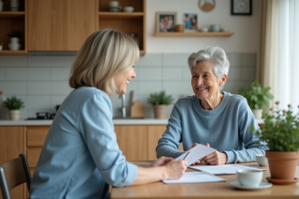 Femme âgée souriante avec assistante dans cuisine chaleureuse