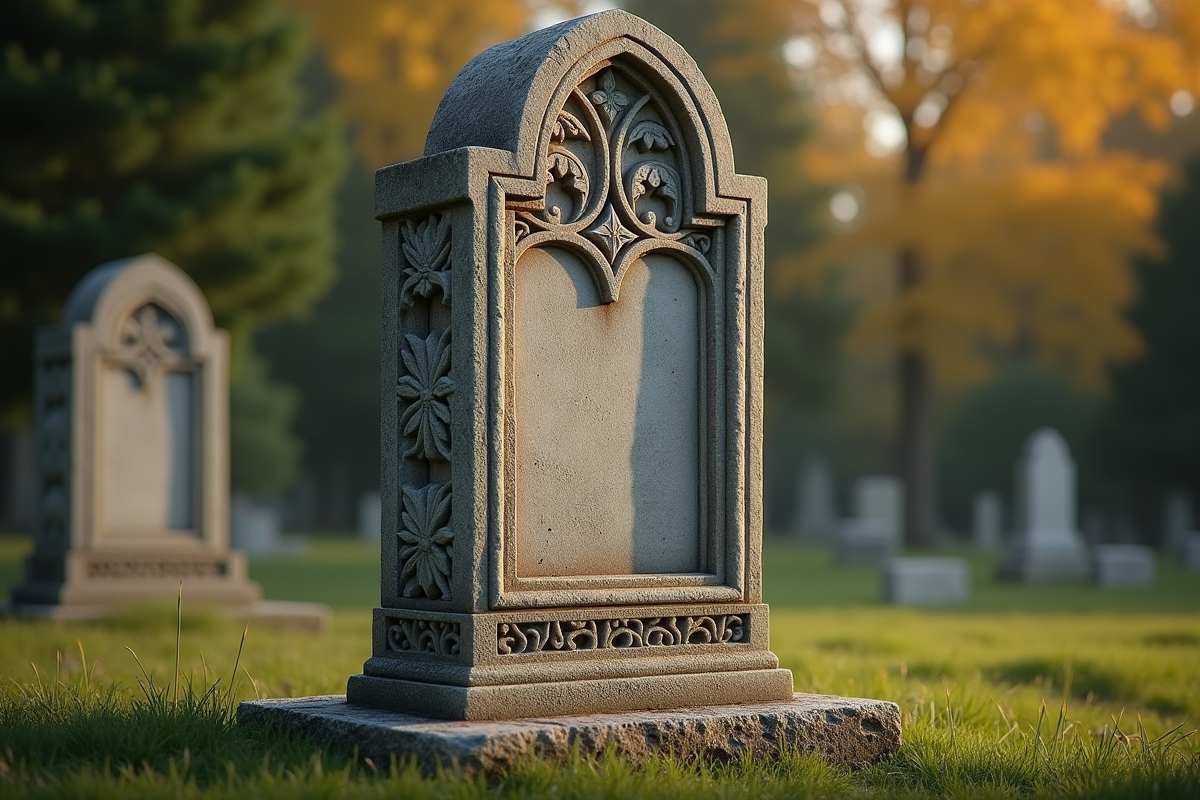 Stèle sculptée dans un cimetière historique sous la lumière naturelle