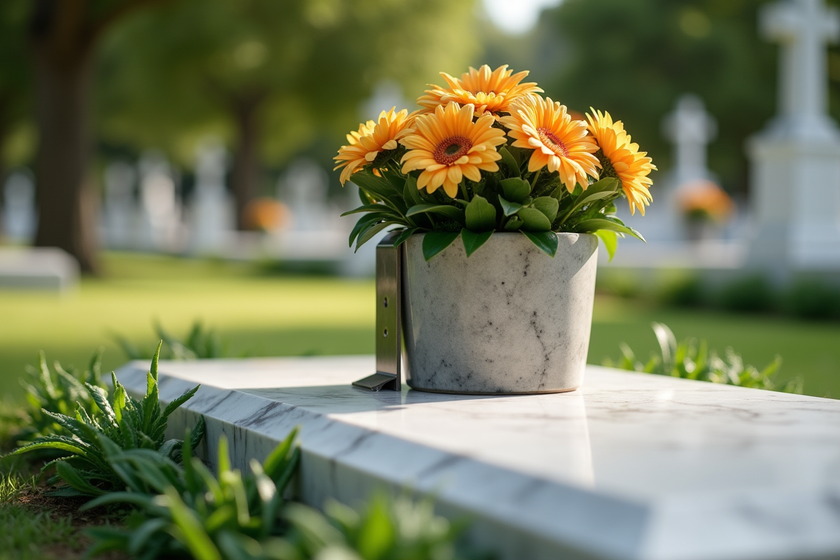 Support métallique tenant un pot de fleurs sur une tombe en marbre blanc