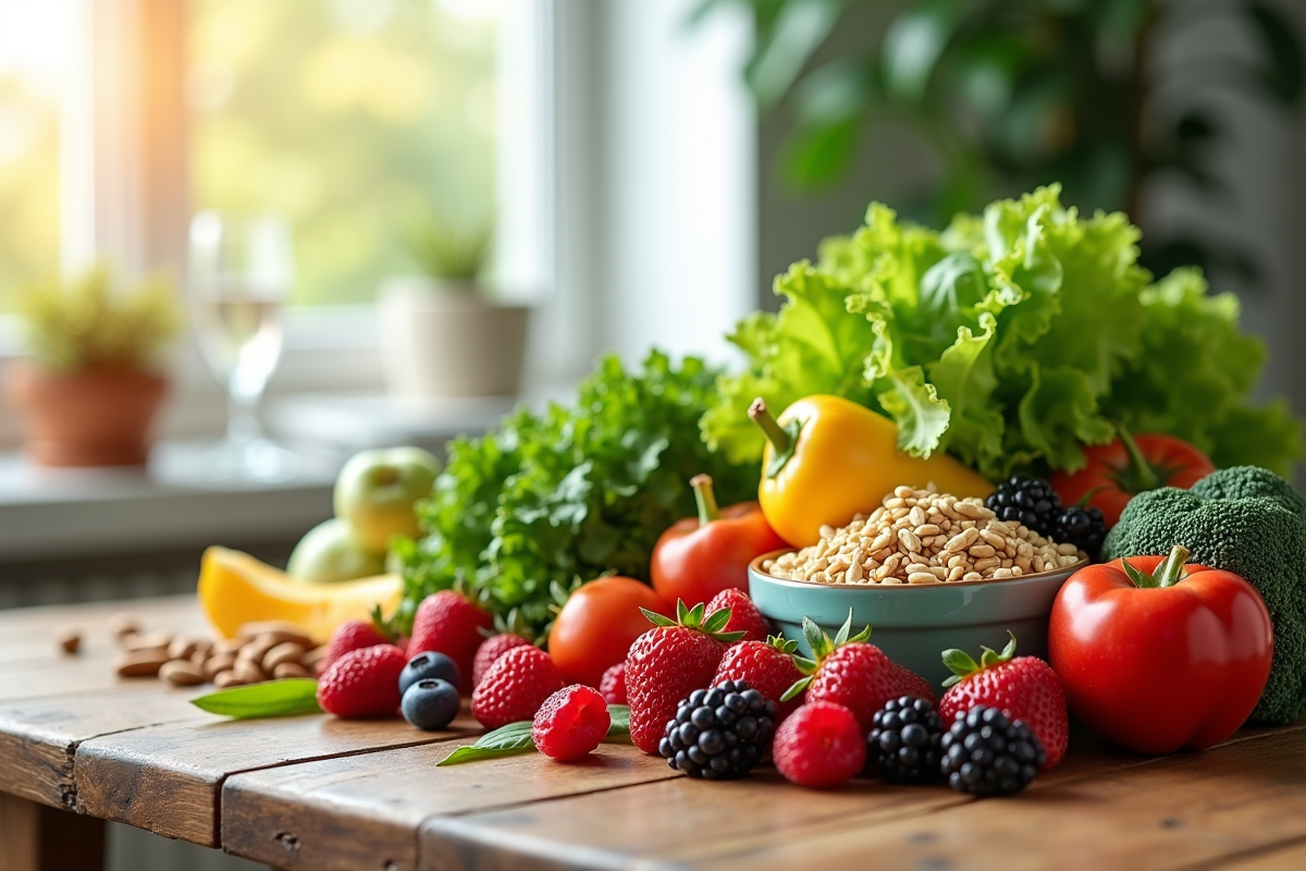 Table en bois avec aliments sains pour diabete légumes verts et baies