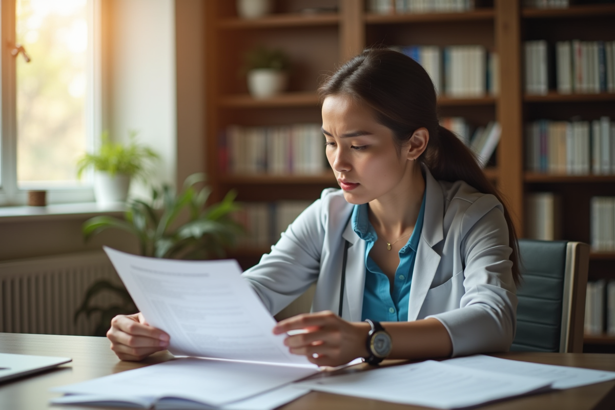 Travailleur social réfléchissant à des documents dans un bureau