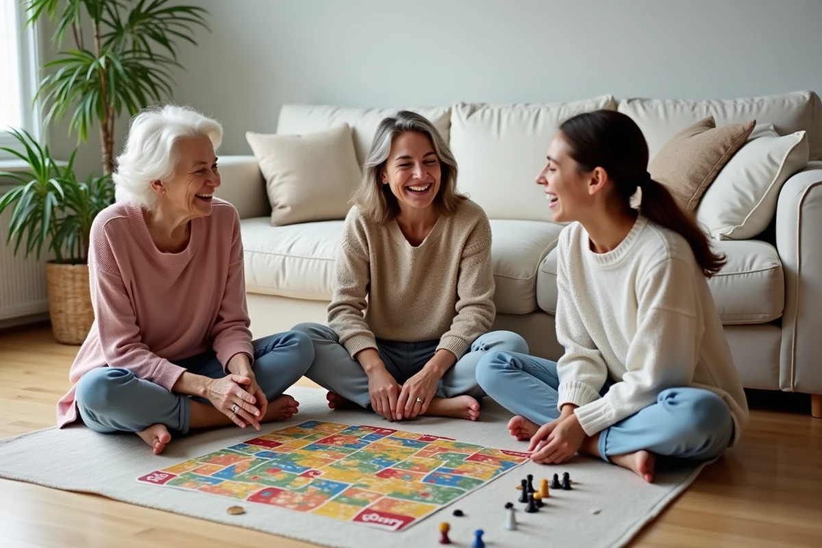 Trois générations de femmes jouant ensemble à un jeu de société par terre dans un salon moderne, grand-mère mère et petite-fille