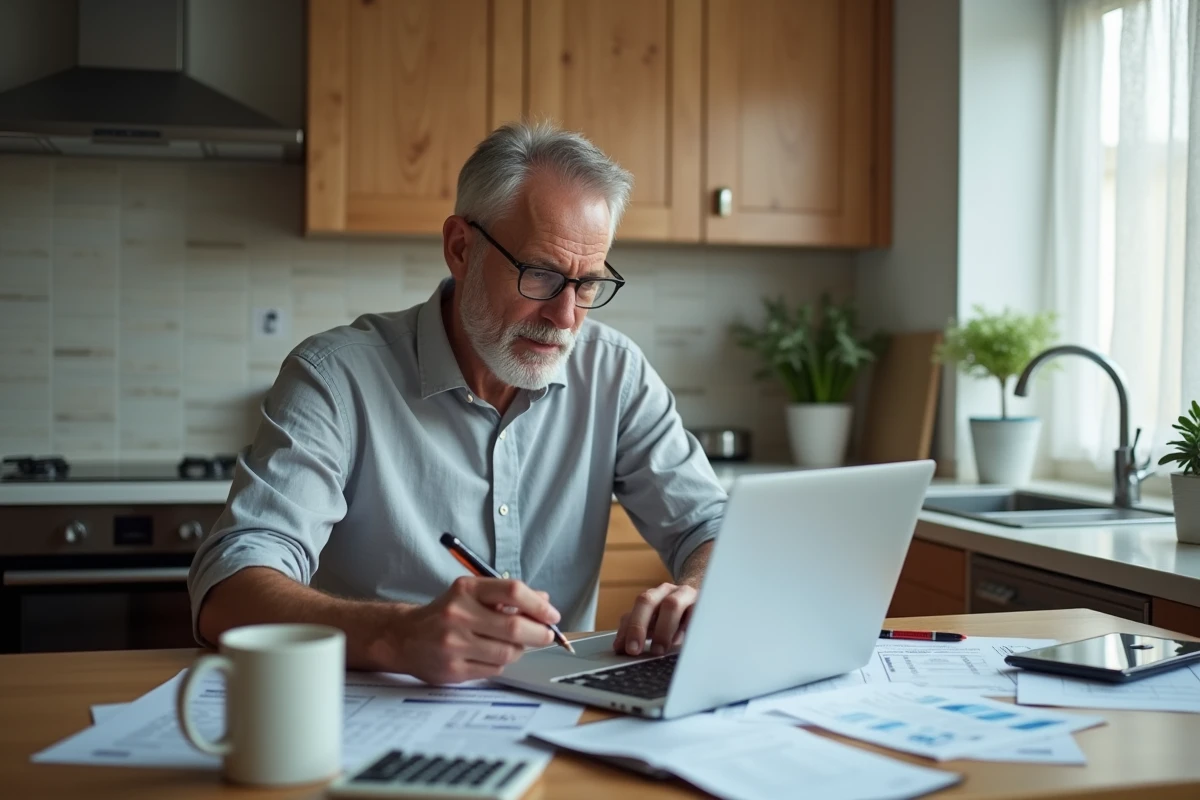 Tuteur légal préparant les comptes annuels de tutelle sur ordinateur portable à domicile avec documents imprimés
