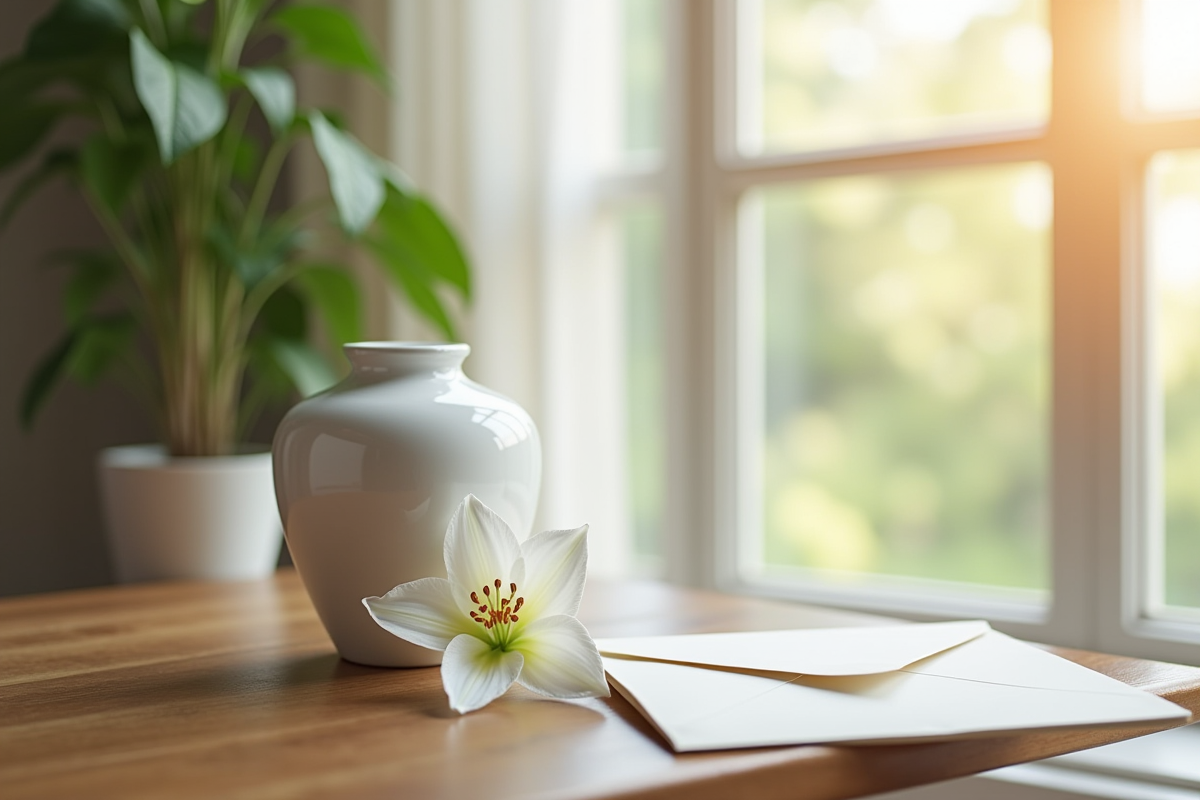 Urne en céramique blanche sur une table en bois